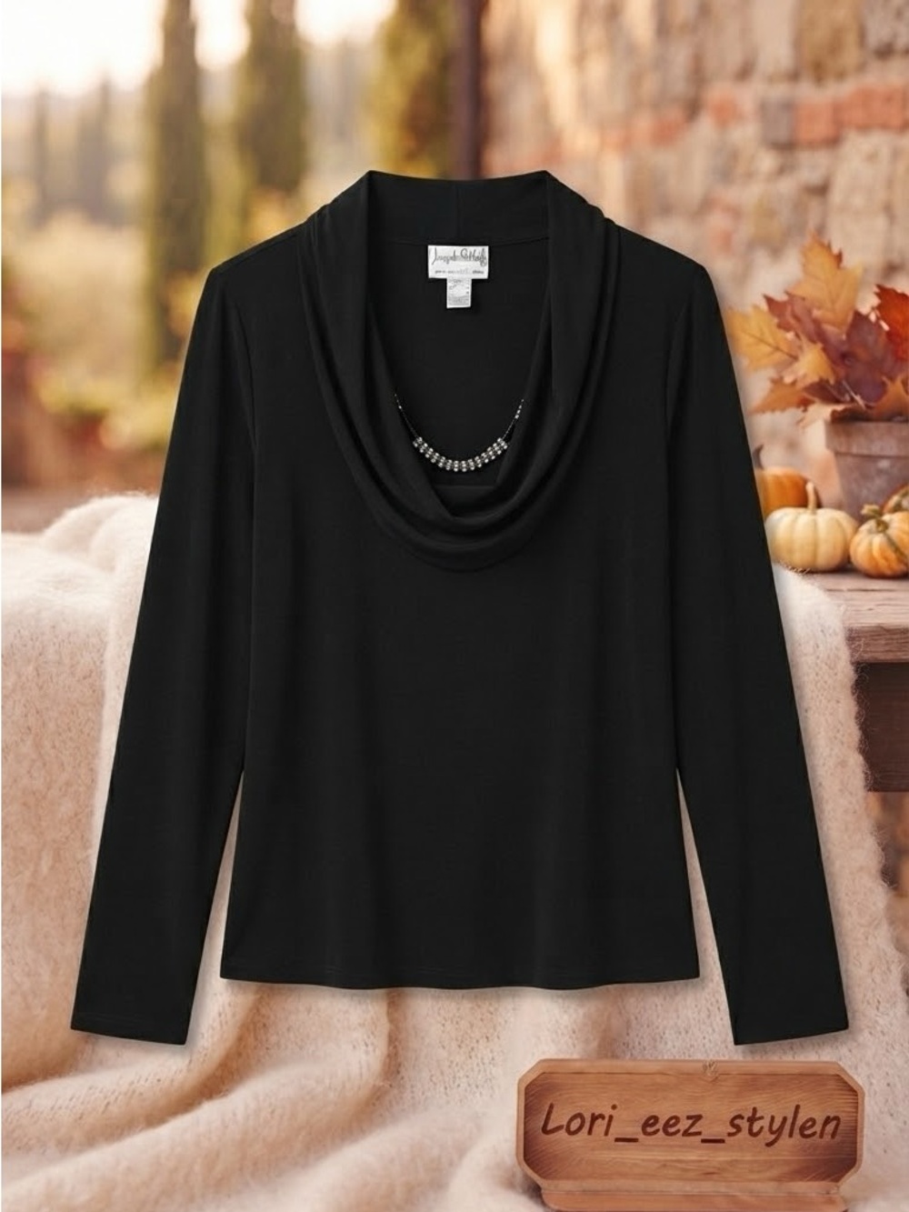 Joseph Ribkoff Black Cowl Neck Long-Sleeve Top with Necklace Detail